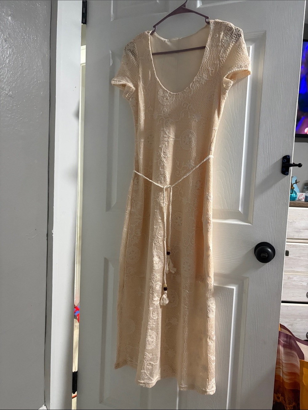 Commense Cream Crochet Midi Dress with Tassel Waist Tie